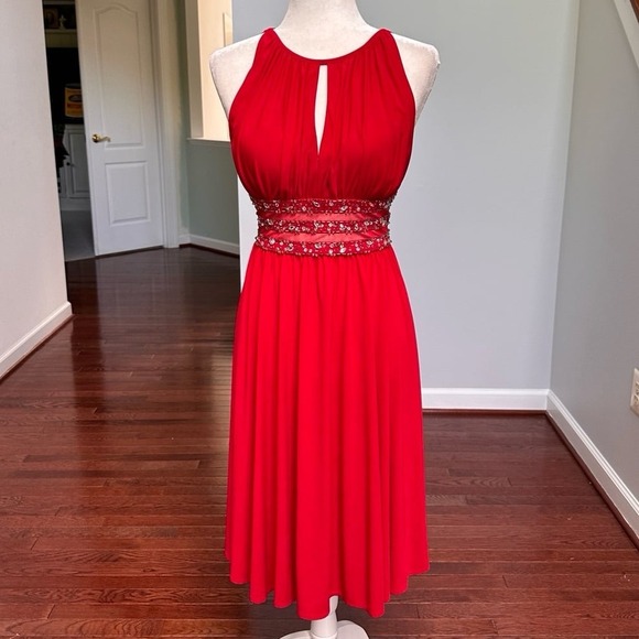 Unique Vintage Dresses & Skirts - CB 1962 Formal Red Silver Beaded Embellished Waist Cocktail Dress